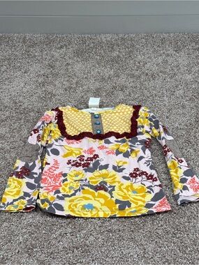 Persnickety Yellow Polka Dot Girls Top with Floral Trim